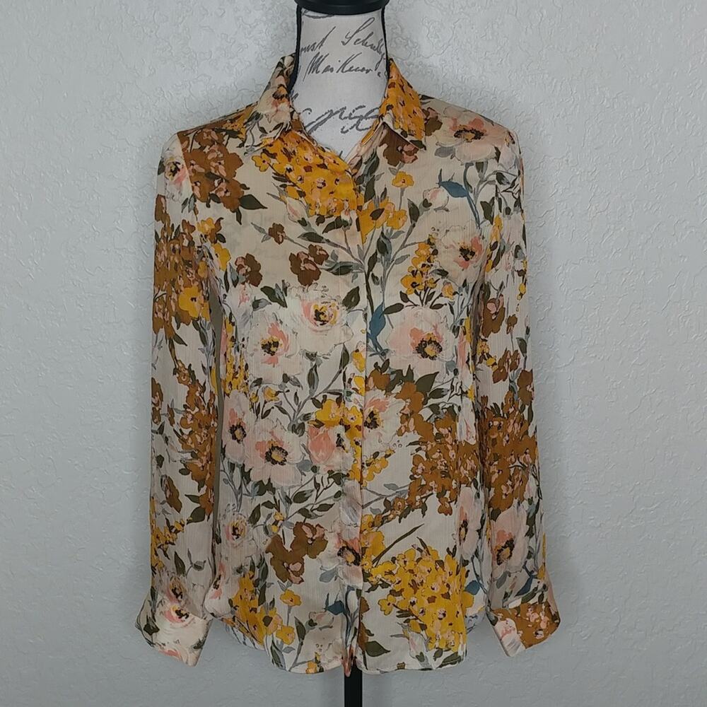 Zara Basic Collection Multicolored Sheer Floral‎ Button Front Shirt Size XS